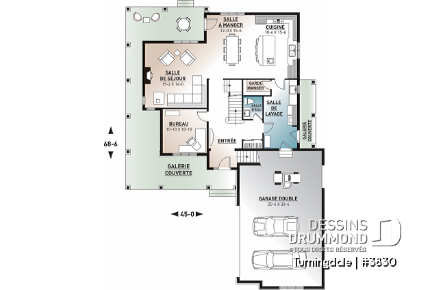 Rez-de-chaussée - Plan de maison farmhouse 4 chambres, garage double, bureau à domicile & grand espace boni au-dessus du garage - Turningdale