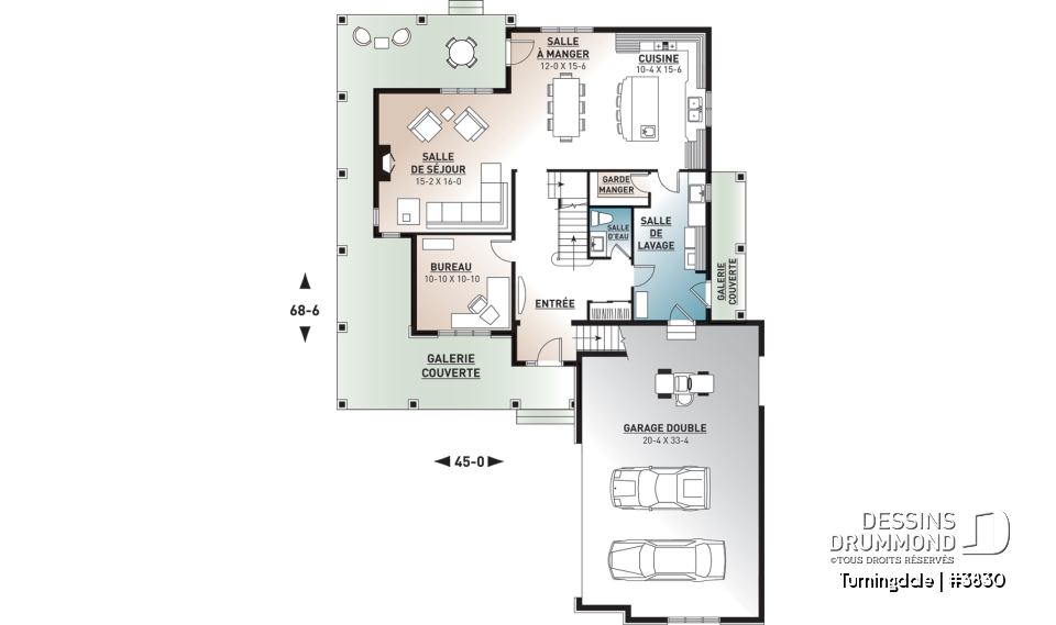 Rez-de-chaussée - Plan de maison farmhouse 4 chambres, garage double, bureau à domicile &amp; grand espace boni au-dessus du garage - Turningdale