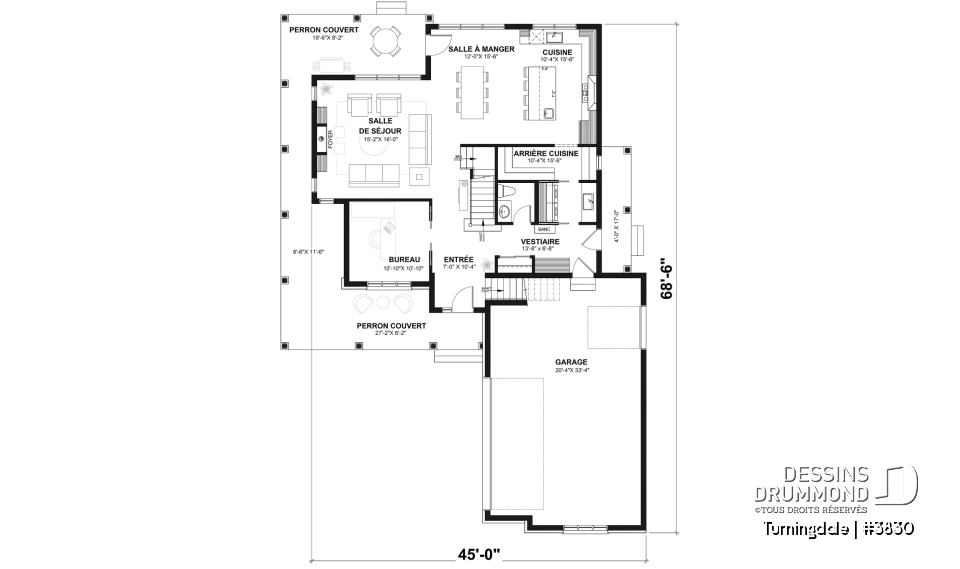 Rez-de-chaussée - Plan de maison farmhouse 4 chambres, garage double, bureau à domicile &amp; grand espace boni au-dessus du garage - Turningdale