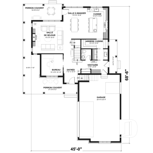 Rez-de-chaussée - Plan de maison farmhouse 4 chambres, garage double, bureau à domicile & grand espace boni au-dessus du garage - Turningdale
