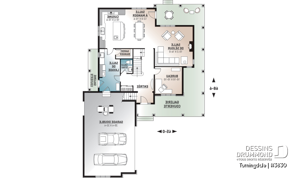 Rez-de-chaussée - Plan de maison farmhouse 4 chambres, garage double, bureau à domicile &amp; grand espace boni au-dessus du garage - Turningdale