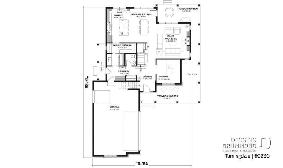 Rez-de-chaussée - Plan de maison farmhouse 4 chambres, garage double, bureau à domicile &amp; grand espace boni au-dessus du garage - Turningdale