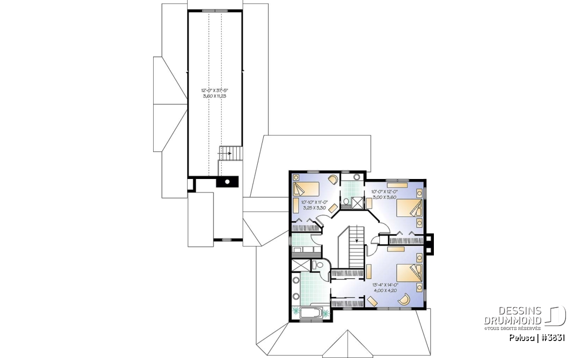 Étage - Plan de Maison Fermette américaine, 3 chambres, garage triple, 2 foyers, espace boni, bureau à domicile - Pelusa
