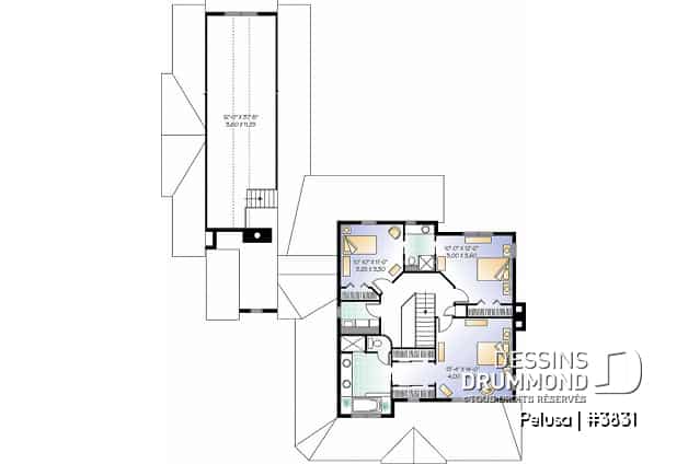 Étage - Plan de Maison Fermette américaine, 3 chambres, garage triple, 2 foyers, espace boni, bureau à domicile - Pelusa
