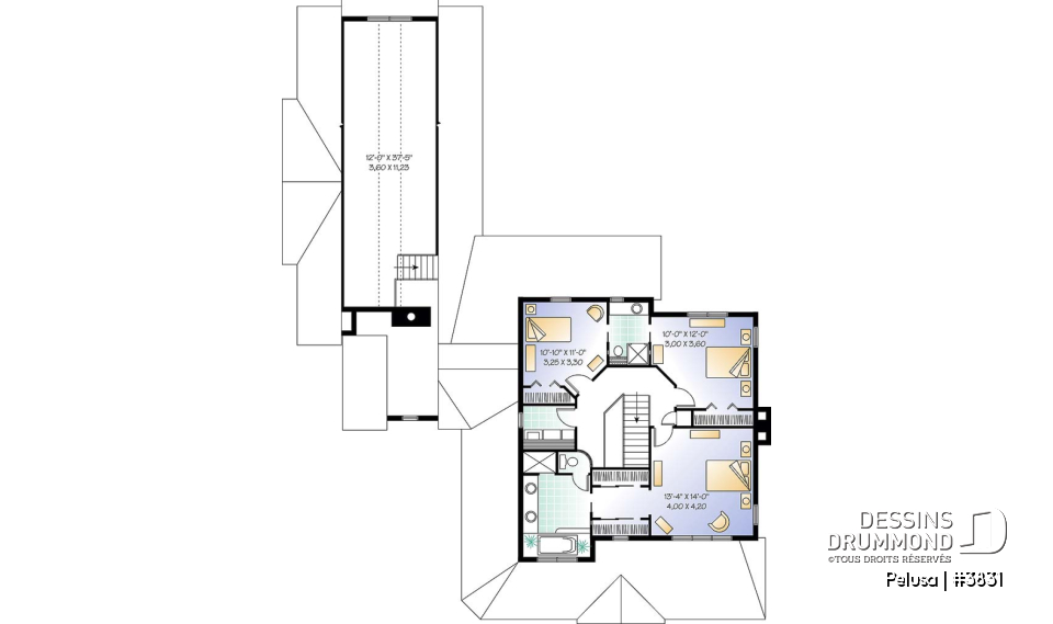 Étage - Plan de Maison Fermette américaine, 3 chambres, garage triple, 2 foyers, espace boni, bureau à domicile - Pelusa