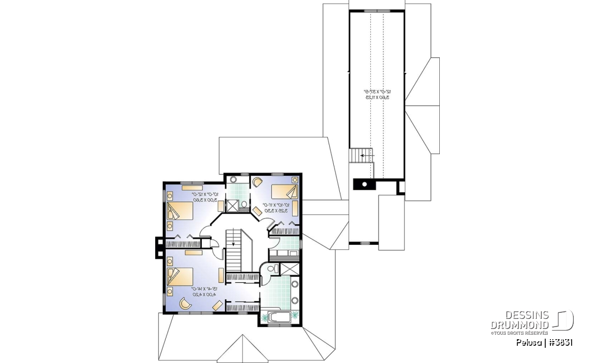 Étage - Plan de Maison Fermette américaine, 3 chambres, garage triple, 2 foyers, espace boni, bureau à domicile - Pelusa
