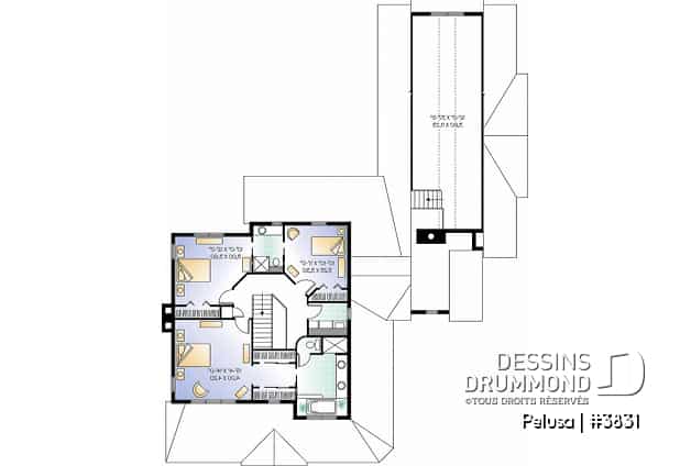 Étage - Plan de Maison Fermette américaine, 3 chambres, garage triple, 2 foyers, espace boni, bureau à domicile - Pelusa