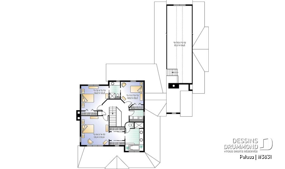 Étage - Plan de Maison Fermette américaine, 3 chambres, garage triple, 2 foyers, espace boni, bureau à domicile - Pelusa