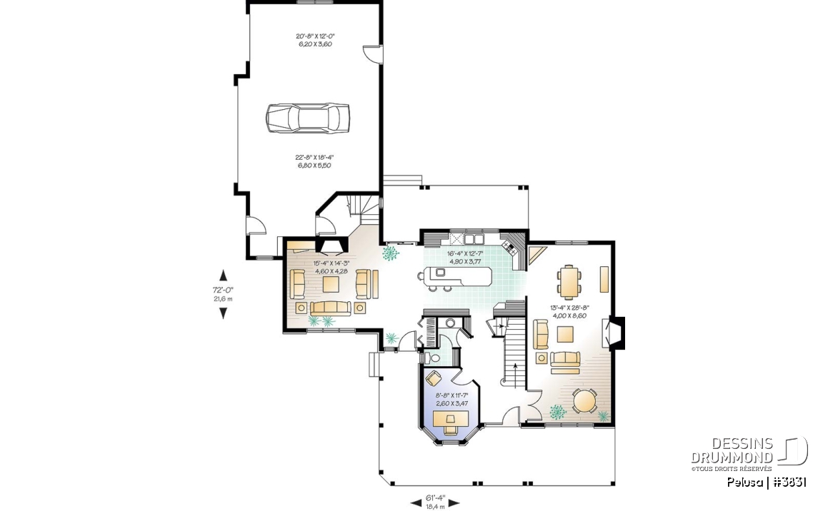 Rez-de-chaussée - Plan de Maison Fermette américaine, 3 chambres, garage triple, 2 foyers, espace boni, bureau à domicile - Pelusa