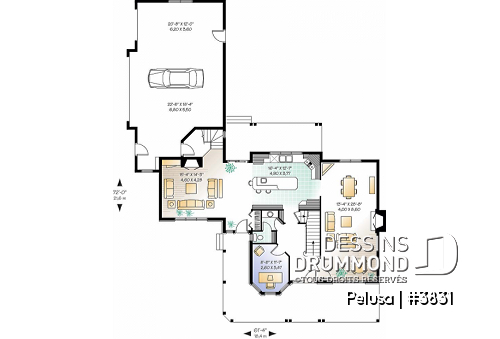Rez-de-chaussée - Plan de Maison Fermette américaine, 3 chambres, garage triple, 2 foyers, espace boni, bureau à domicile - Pelusa