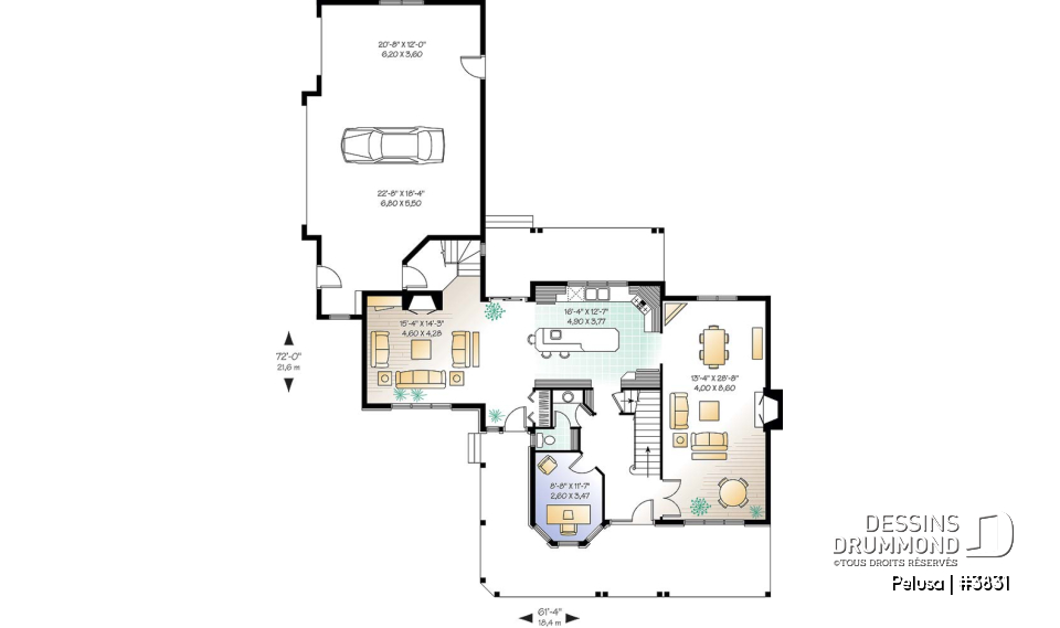 Rez-de-chaussée - Plan de Maison Fermette américaine, 3 chambres, garage triple, 2 foyers, espace boni, bureau à domicile - Pelusa