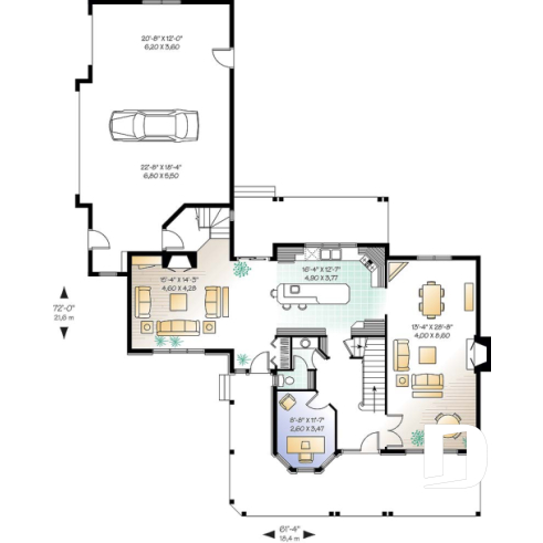 Rez-de-chaussée - Plan de Maison Fermette américaine, 3 chambres, garage triple, 2 foyers, espace boni, bureau à domicile - Pelusa