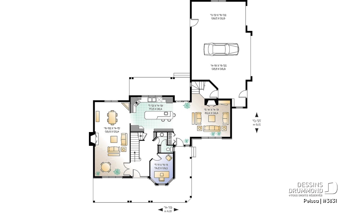 Rez-de-chaussée - Plan de Maison Fermette américaine, 3 chambres, garage triple, 2 foyers, espace boni, bureau à domicile - Pelusa