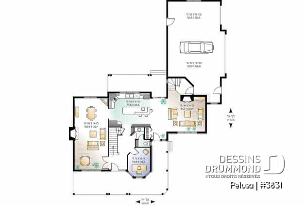 Rez-de-chaussée - Plan de Maison Fermette américaine, 3 chambres, garage triple, 2 foyers, espace boni, bureau à domicile - Pelusa