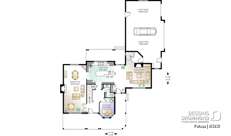 Rez-de-chaussée - Plan de Maison Fermette américaine, 3 chambres, garage triple, 2 foyers, espace boni, bureau à domicile - Pelusa