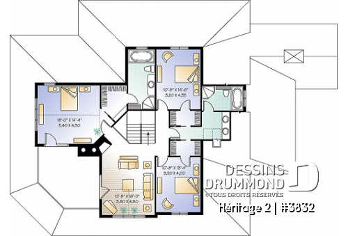 Étage - Plan de maison champêtre 4 chambres, garage triple, chambre des maîtres au r-d-c, foyer, buanderie - Héritage 4