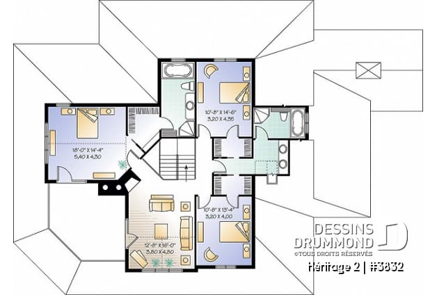Étage - Plan de maison champêtre 4 chambres, garage triple, chambre des maîtres au r-d-c, foyer, buanderie - Héritage 4