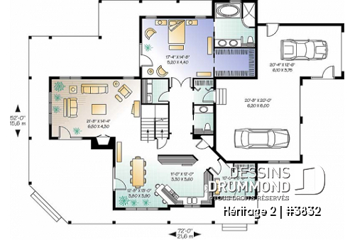 Rez-de-chaussée - Plan de maison champêtre 4 chambres, garage triple, chambre des maîtres au r-d-c, foyer, buanderie - Héritage 4