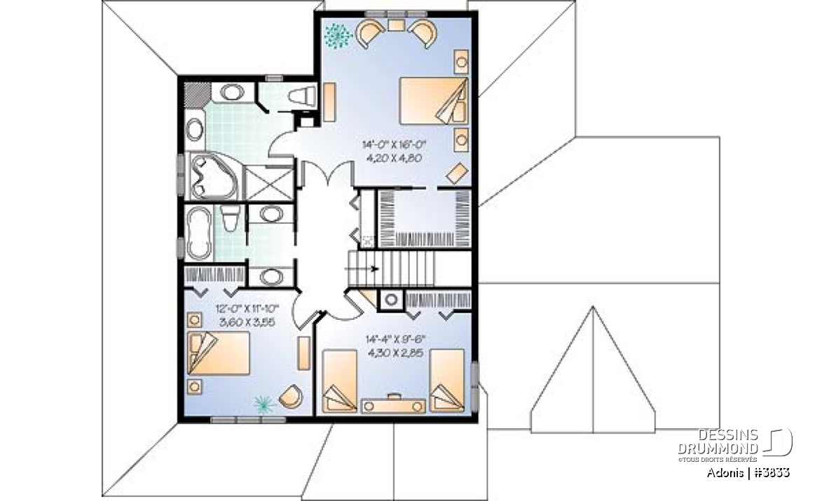 Étage - Plan  de maison 3 chambres, garage double, foyer, grand vestibule fermé, grande buanderie - Adonis