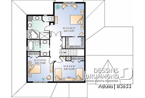 Étage - Plan  de maison 3 chambres, garage double, foyer, grand vestibule fermé, grande buanderie - Adonis