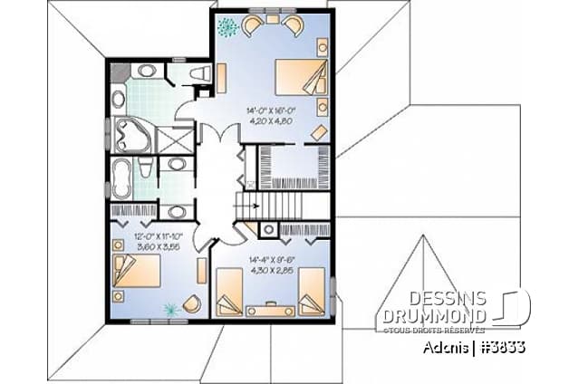 Étage - Plan  de maison 3 chambres, garage double, foyer, grand vestibule fermé, grande buanderie - Adonis