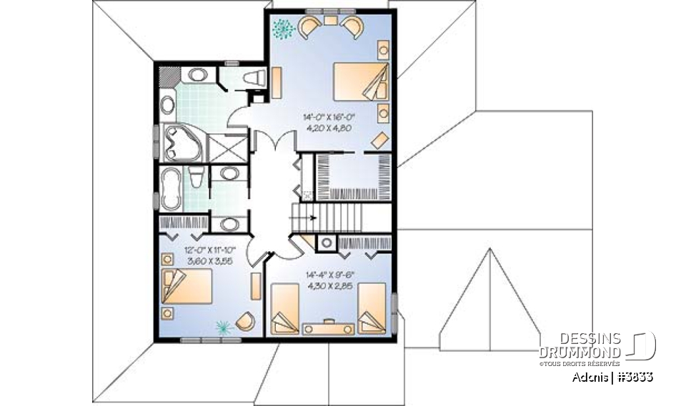 Étage - Plan  de maison 3 chambres, garage double, foyer, grand vestibule fermé, grande buanderie - Adonis