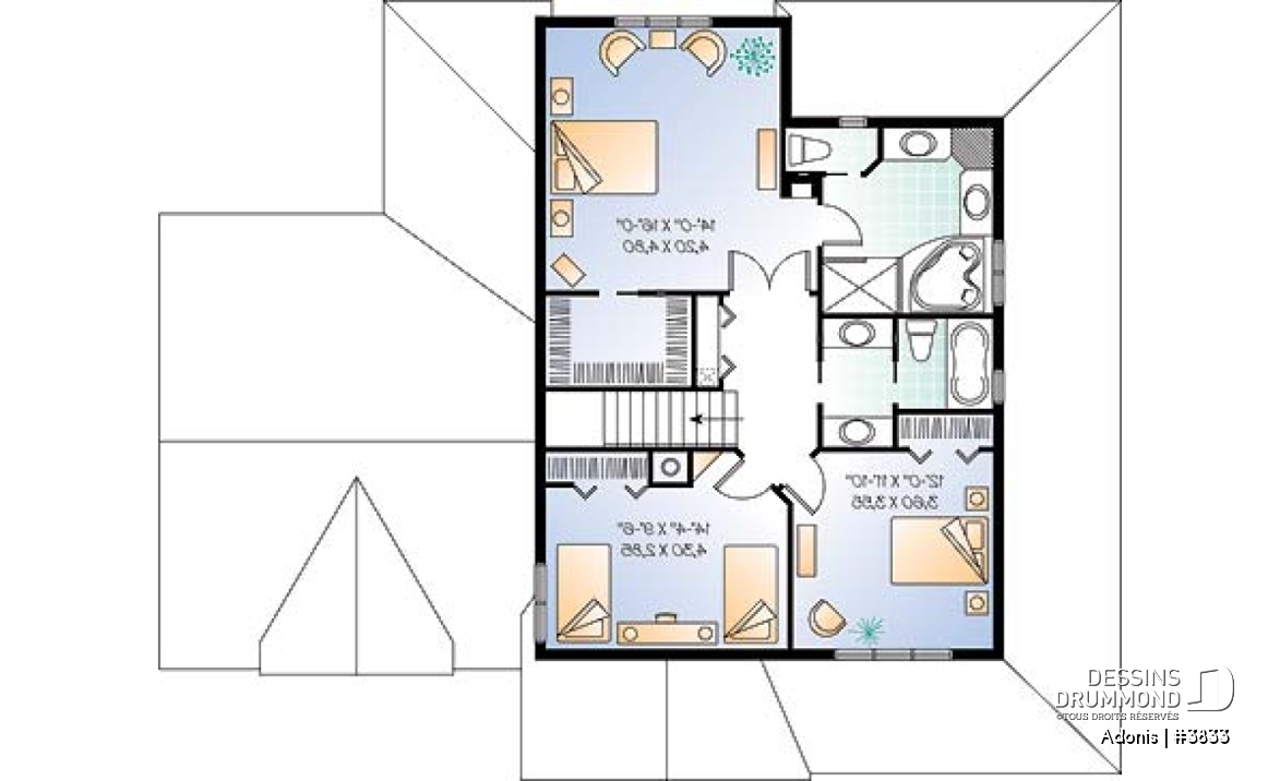 Étage - Plan  de maison 3 chambres, garage double, foyer, grand vestibule fermé, grande buanderie - Adonis