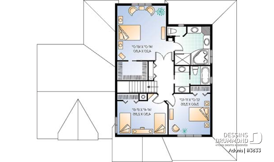 Étage - Plan  de maison 3 chambres, garage double, foyer, grand vestibule fermé, grande buanderie - Adonis