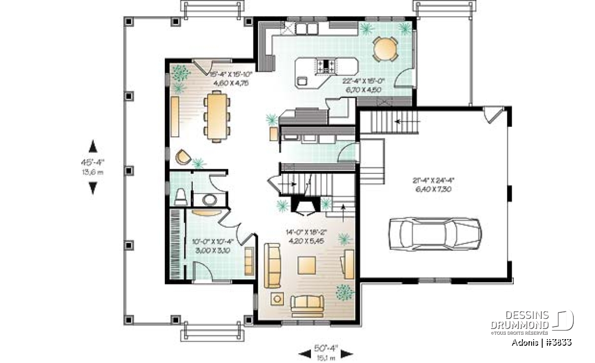 Rez-de-chaussée - Plan  de maison 3 chambres, garage double, foyer, grand vestibule fermé, grande buanderie - Adonis