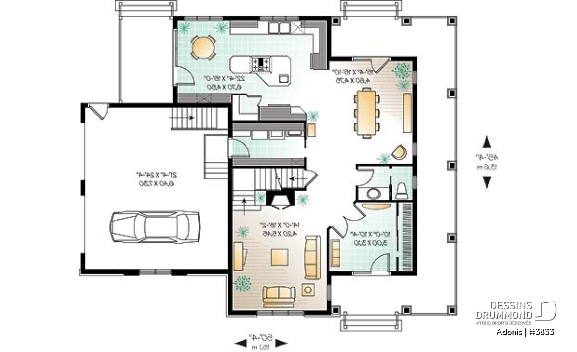 Rez-de-chaussée - Plan  de maison 3 chambres, garage double, foyer, grand vestibule fermé, grande buanderie - Adonis