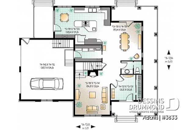 Rez-de-chaussée - Plan  de maison 3 chambres, garage double, foyer, grand vestibule fermé, grande buanderie - Adonis