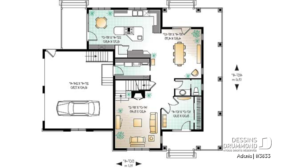 Rez-de-chaussée - Plan  de maison 3 chambres, garage double, foyer, grand vestibule fermé, grande buanderie - Adonis