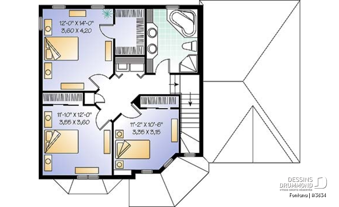 Étage - Plan de maison, 3 chambres, garage, cuisine avec îlot, grand salon - Fontana