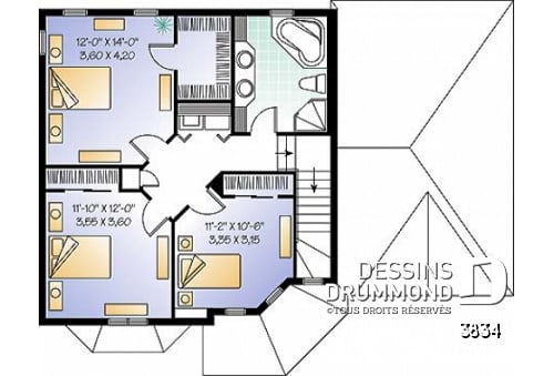 Étage - Plan de maison, 3 chambres, garage, cuisine avec îlot, grand salon - Fontana
