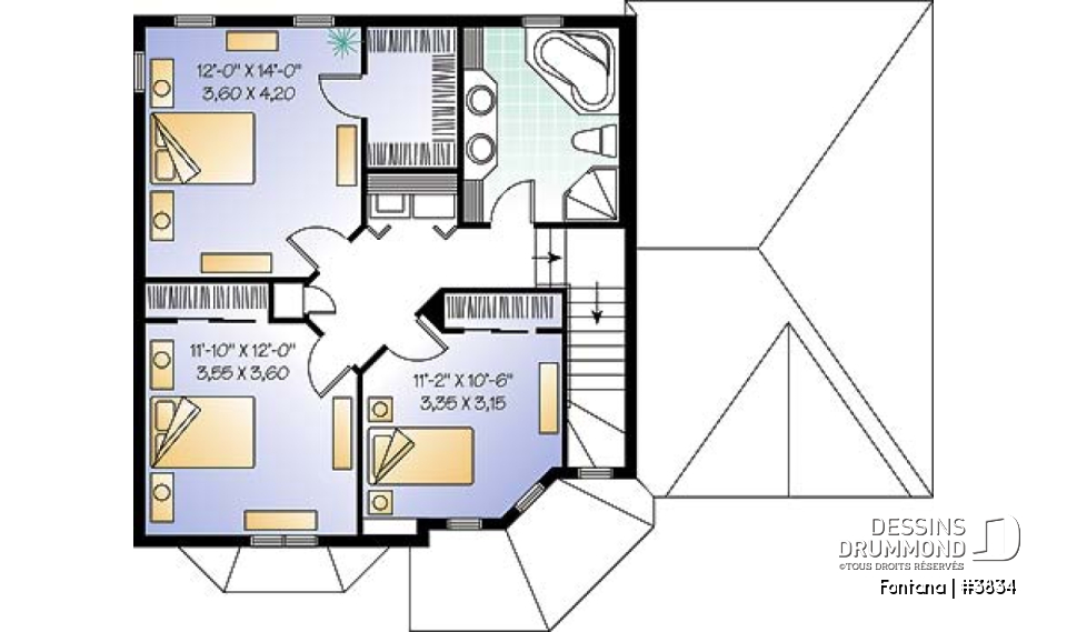 Étage - Plan de maison, 3 chambres, garage, cuisine avec îlot, grand salon - Fontana