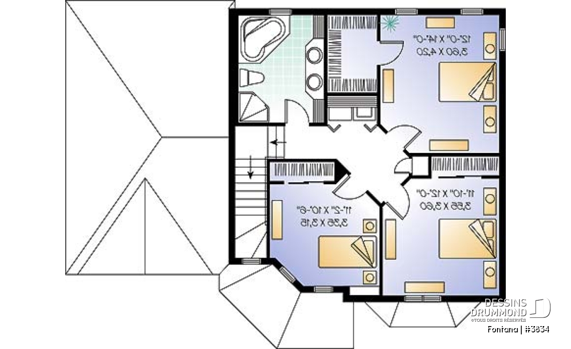 Étage - Plan de maison, 3 chambres, garage, cuisine avec îlot, grand salon - Fontana