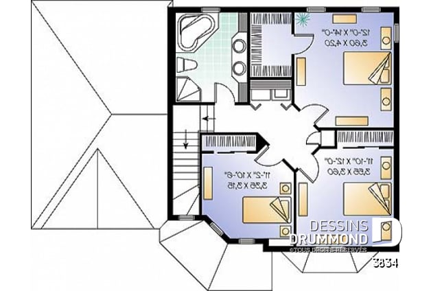 Étage - Plan de maison, 3 chambres, garage, cuisine avec îlot, grand salon - Fontana