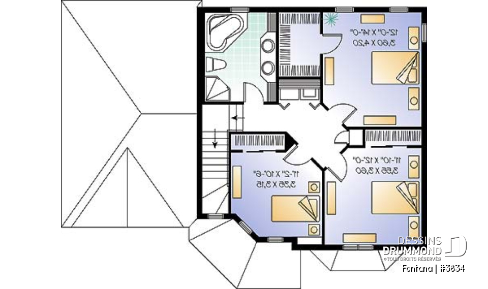Étage - Plan de maison, 3 chambres, garage, cuisine avec îlot, grand salon - Fontana
