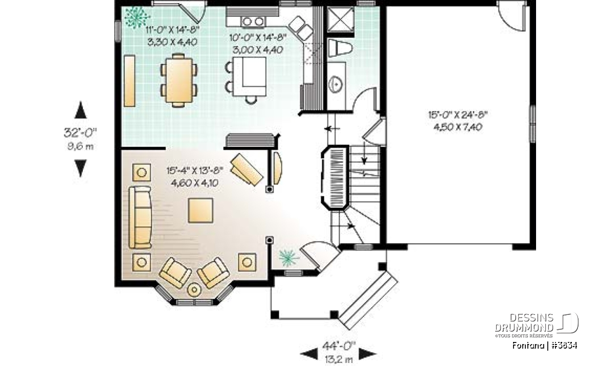 Rez-de-chaussée - Plan de maison, 3 chambres, garage, cuisine avec îlot, grand salon - Fontana