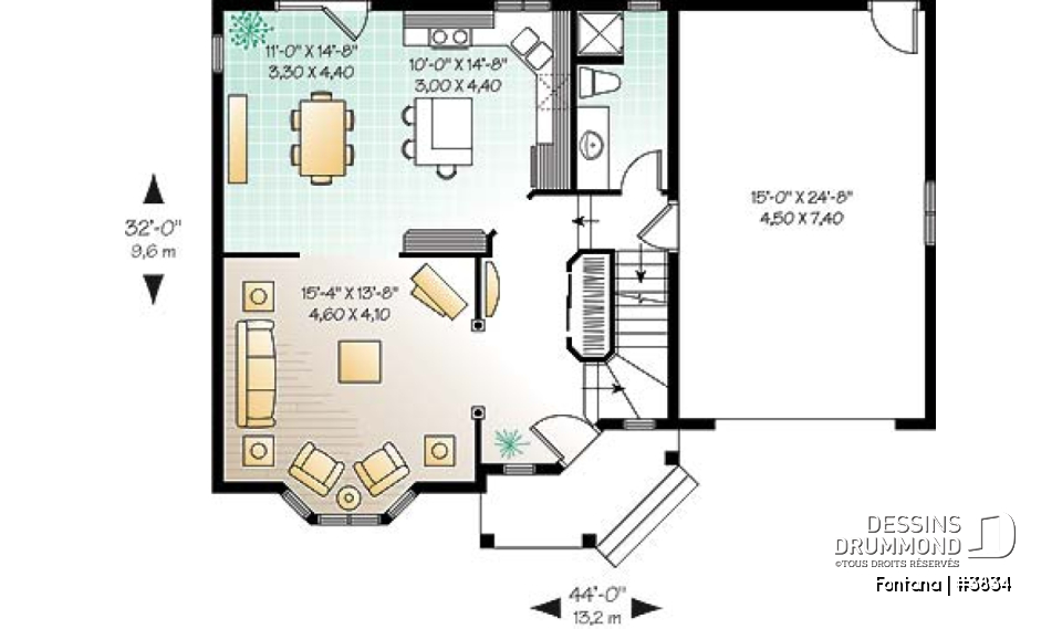 Rez-de-chaussée - Plan de maison, 3 chambres, garage, cuisine avec îlot, grand salon - Fontana