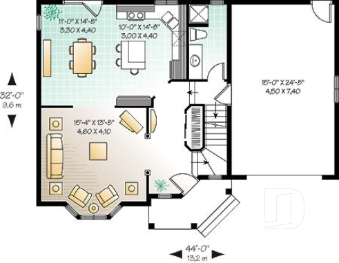 Rez-de-chaussée - Plan de maison, 3 chambres, garage, cuisine avec îlot, grand salon - Fontana