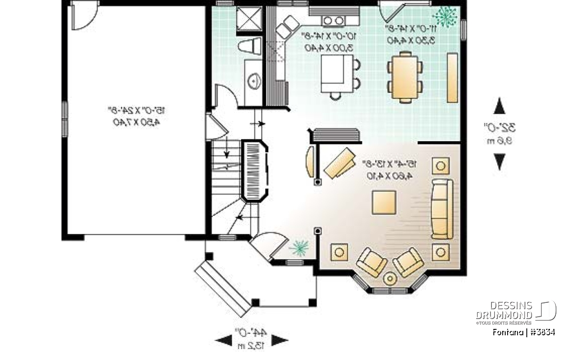 Rez-de-chaussée - Plan de maison, 3 chambres, garage, cuisine avec îlot, grand salon - Fontana