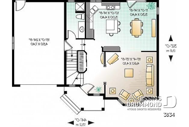 Rez-de-chaussée - Plan de maison, 3 chambres, garage, cuisine avec îlot, grand salon - Fontana
