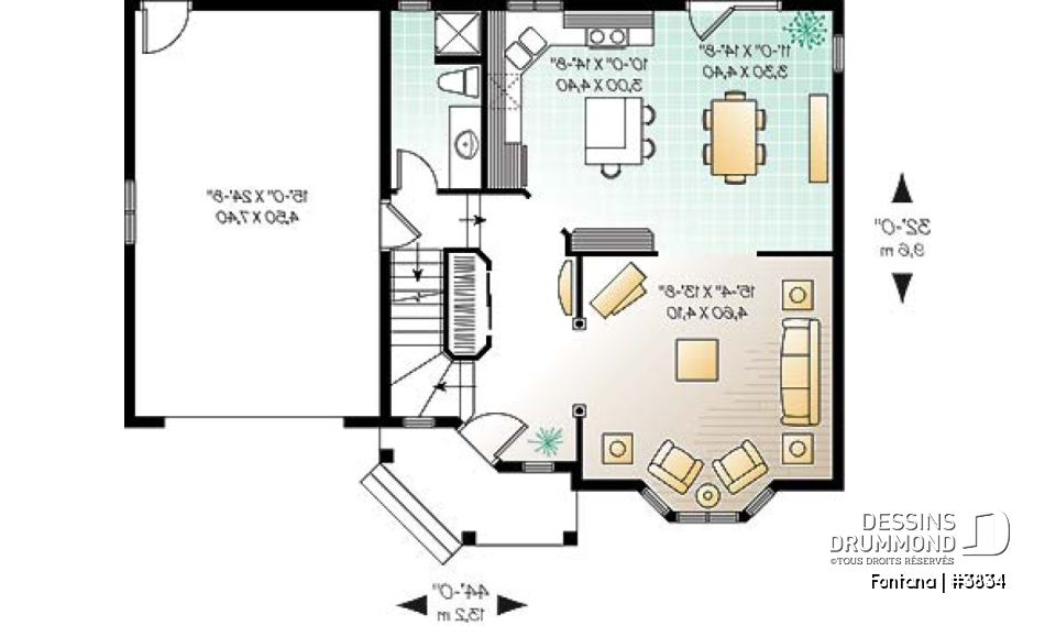 Rez-de-chaussée - Plan de maison, 3 chambres, garage, cuisine avec îlot, grand salon - Fontana