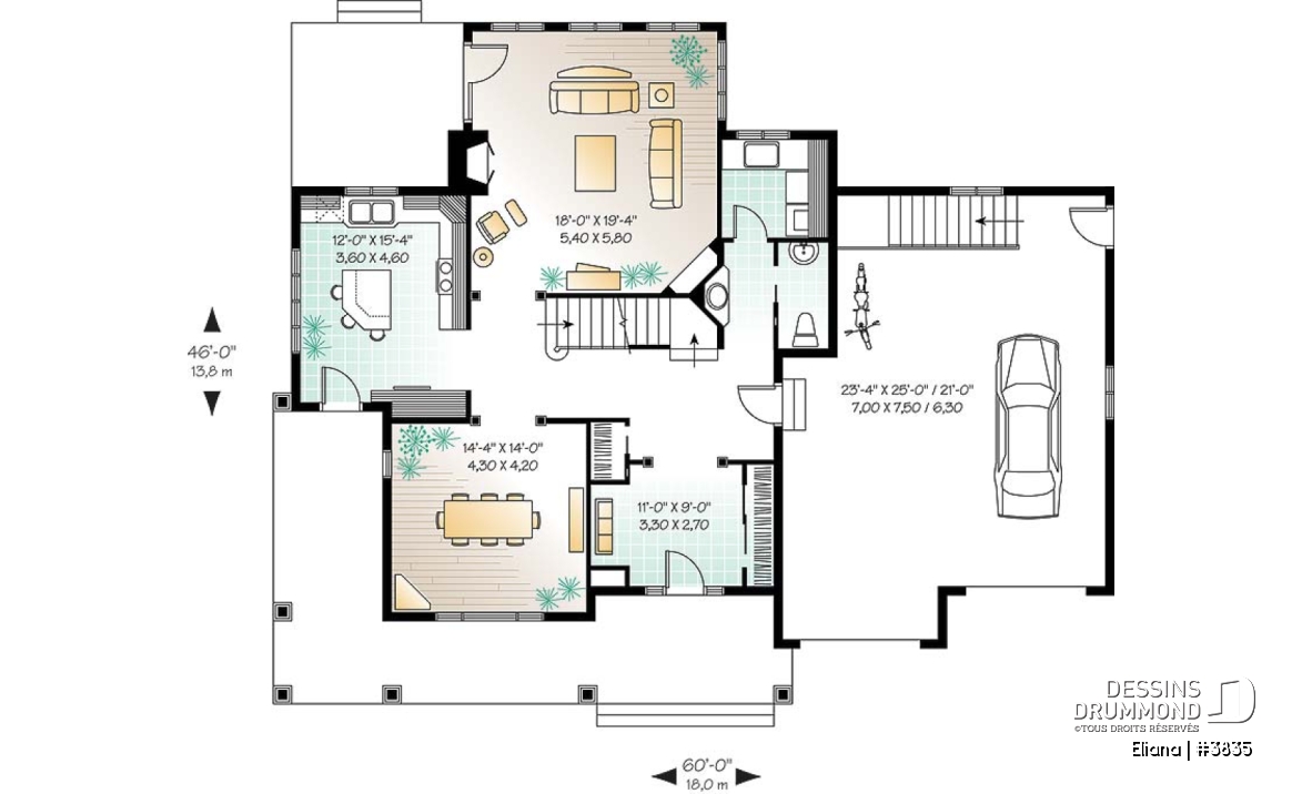 Rez-de-chaussée - Maison de style américain, garage double, vestibule, salle à manger séparée, 4 chambres, foyer au salon - Eliana