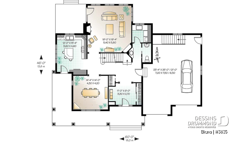 Rez-de-chaussée - Maison de style américain, garage double, vestibule, salle à manger séparée, 4 chambres, foyer au salon - Eliana