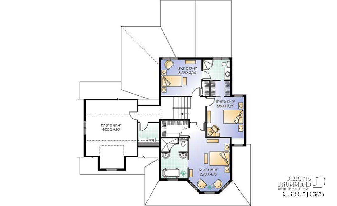 Étage - Plan de maison champêtre victorienne, 3 chambres + pièce boni + bureau avec foyer, garage double, plafond 9' - Mathilde 5