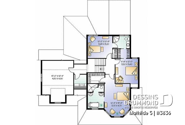 Étage - Plan de maison champêtre victorienne, 3 chambres + pièce boni + bureau avec foyer, garage double, plafond 9' - Mathilde 5