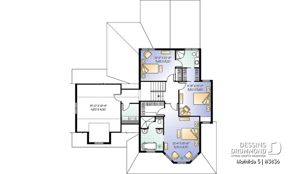 Étage - Plan de maison champêtre victorienne, 3 chambres + pièce boni + bureau avec foyer, garage double, plafond 9' - Mathilde 5