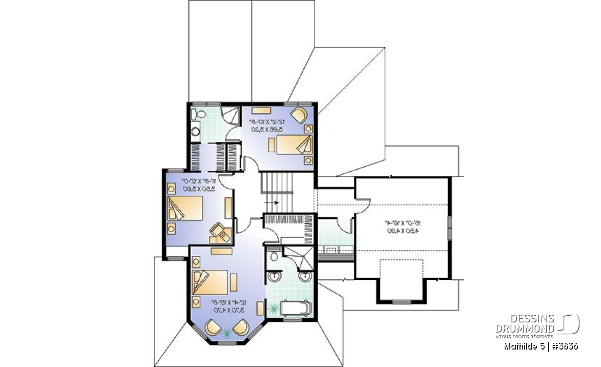 Étage - Plan de maison champêtre victorienne, 3 chambres + pièce boni + bureau avec foyer, garage double, plafond 9' - Mathilde 5